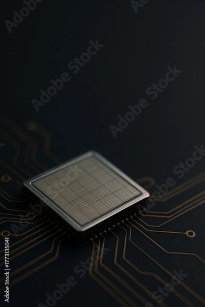 Fototapeta Microchip on dark circuit board, macro