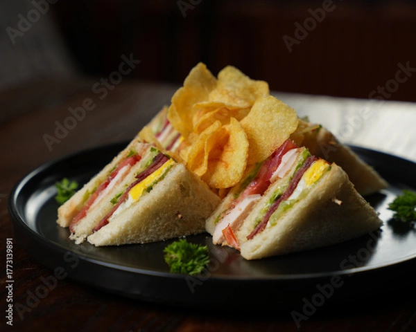 Fototapeta Club Sandwich with Ham, Egg, and Vegetables Served with Potato Chips on Black Plate