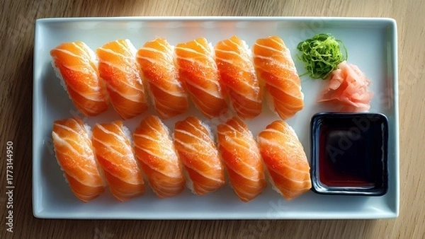 Obraz Fresh Salmon Sushi Nigiri Set with Soy Sauce, Wasabi, and Pickled Ginger – Japanese Cuisine