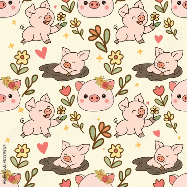 Fototapeta Repeat Seamless pattern of cute pig, seamless pattern cartoon pig. cute animal wallpaper for fabric print, gift wrap paper, cute animal illustration, Pattern seamless vector illustration. 