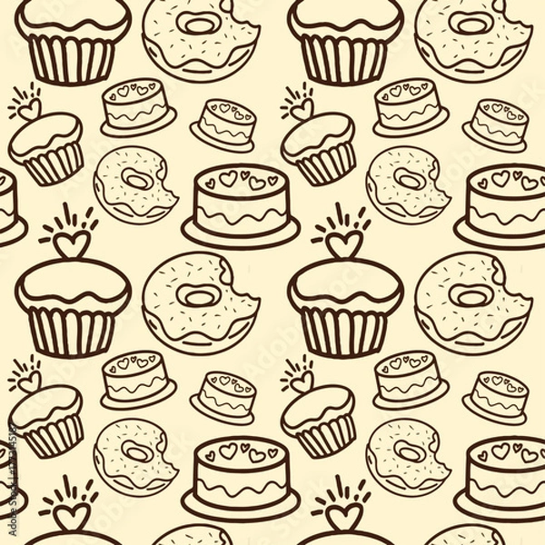 Fototapeta Pastry, sweet bakery seamless pattern with baked goods. Confectionery baking design. foods seamless pattern background vector illustration, A hand-drawn pattern of sweets