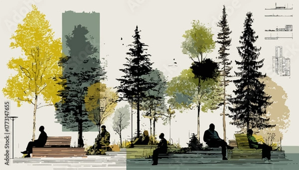 Fototapeta Uma ilustração serena de pessoas desfrutando de um parque urbano com árvores coloridas e bancos, promovendo tranquilidade e bem-estar.