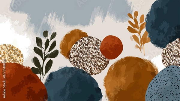 Fototapeta Esta ilustração abstrata moderna apresenta formas orgânicas e texturas terrosas, criando um pano de fundo sereno e elegante.