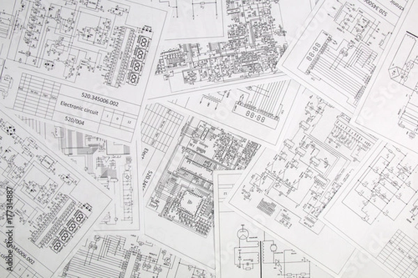 Obraz Electronics and Engineering. Printed drawings of electrical circuits.