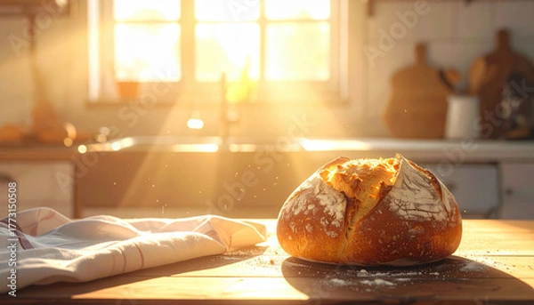 Fototapeta Freshly baked loaf of bread sits on wooden kitchen table, bathed in warm sunlight streaming through window, creating cozy and inviting atmosphere