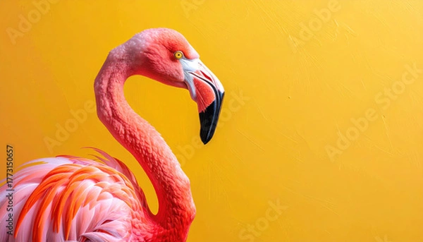 Fototapeta Vibrant flamingo stands against bright yellow background, showcasing its striking pink feathers and elegant pose. contrast between bird and backdrop creates lively and eye catching image