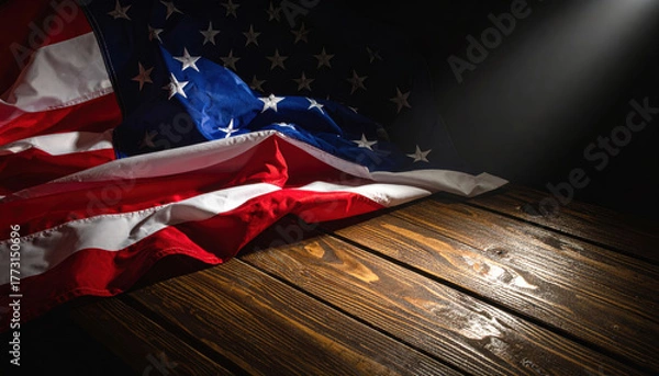 Fototapeta Folded American flag rests on wooden table, illuminated by spotlight, symbolizing patriotism and national pride. stars and stripes are prominently displayed, evoking sense of honor