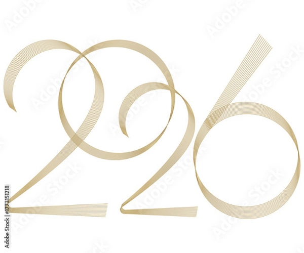 Fototapeta Elegant 2026 gold ribbon design for New Year celebrations and festive events, perfect for invitations, cards, and marketing promotions, modern luxury style