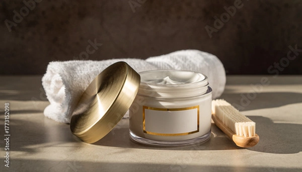 Fototapeta Luxury cosmetic cream jar with a golden lid and soft towel, representing a serene spa and skincare routine