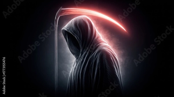 Fototapeta Grim Reaper with a glowing scythe in a dark, ominous scene