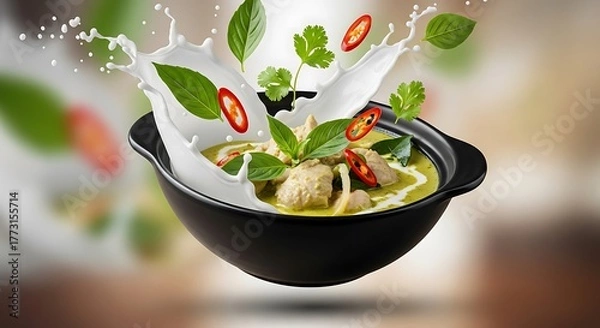 Fototapeta Delicious green curry splashing into a bowl with fresh ingredients and herbs on a blurred background