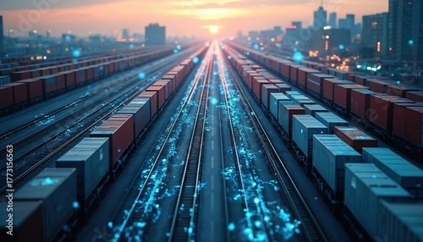 Fototapeta Illustration of smart logistics and cargo management. Trains move in digital city with data streams. Tech manages supply chain transport routes and infrastructure. Modern transport solutions.