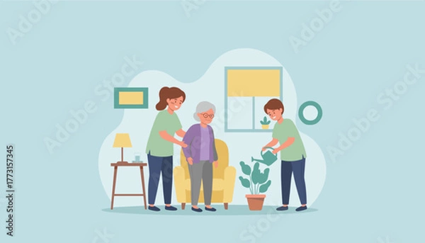 Fototapeta Caregivers assisting senior woman with daily activities at home showing care and support