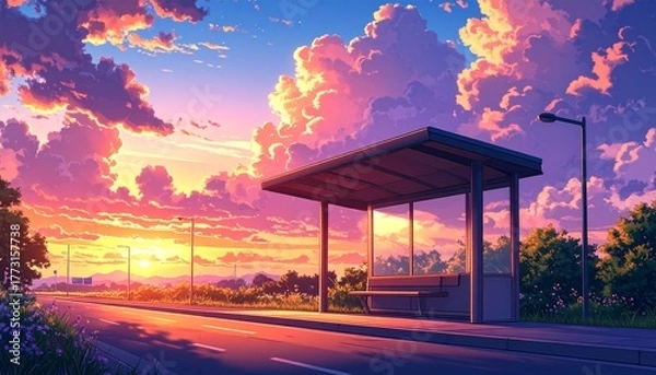 Obraz aesthetic bus stop illustration with dreamy sunset, vast painted 