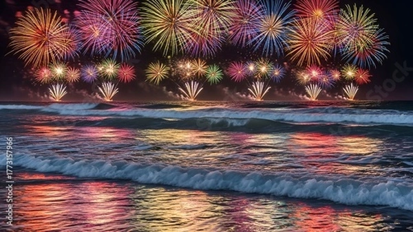 Fototapeta Dramatic nighttime spectacle featuring colorful fireworks exploding over ocean waves reflecting the light