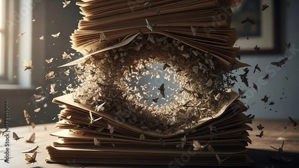 Obraz Stacked aged books with a central void teeming with flying insects, rustic wooden table