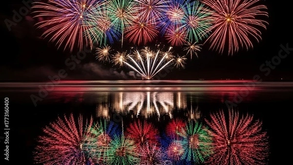 Obraz Colorful pyrotechnics explode across a dark night sky reflected in tranquil waters. Fireworks cascade
