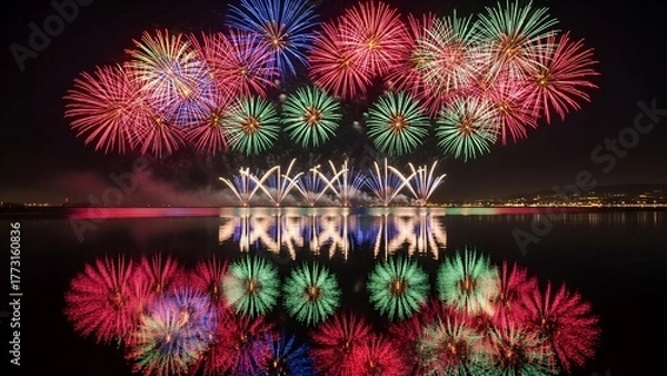 Obraz Colorful pyrotechnics exploding over serene water, reflecting the vibrant display