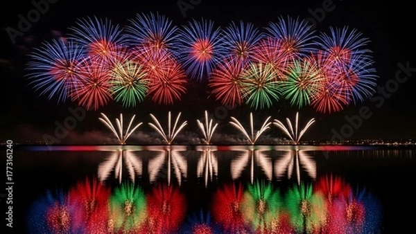 Obraz Dazzling night sky display over water with vibrant color bursts and reflections