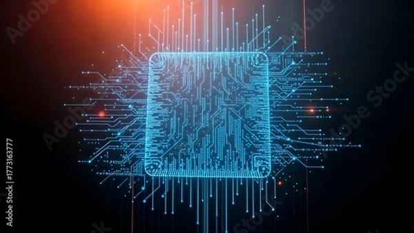 Obraz blue binary code pattern on micro chip forms data connection and technology against a black, starlit space backdrop