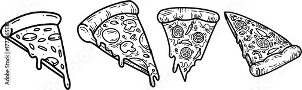 Fototapeta Black and White Pizza Slice Illustrations with Varied Toppings and Styles PNG transparent background