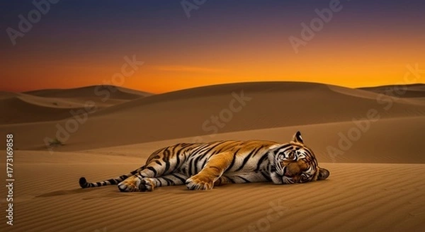 Fototapeta Conceptual Image: Wild Animal Resting Peacefully in an Unnatural, Arid Landscape