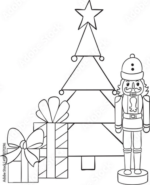 Fototapeta Christmas vector illustration with Christmas tree, nutcracker and gift boxes