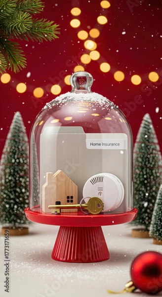 Obraz House, smoke detector and policy under dome on stand. An interesting presentation of safety. Protection, secure future, peace of mind. Holiday gifts under glass dome –