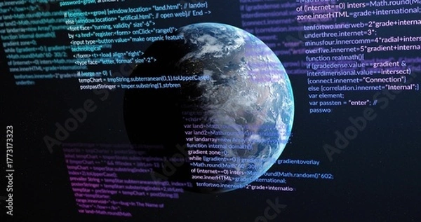 Obraz Floating Planet Earth displaying programming code snippets in virtual outer space, code layering