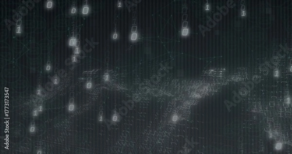 Fototapeta Streaming glowing binary digits cascading on 3D grid surface in network, faint node connections