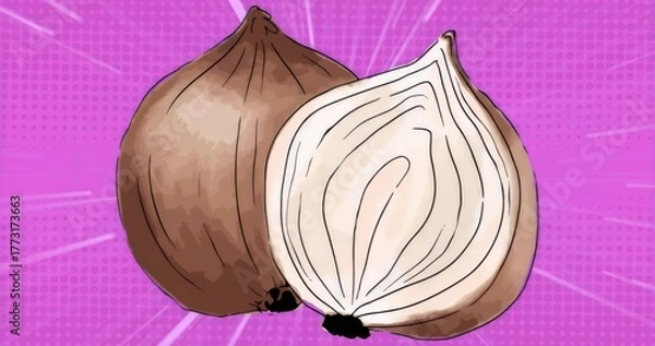 Fototapeta Displaying two onions on purple halftone backdrop, highlighting whole onion and sliced interior