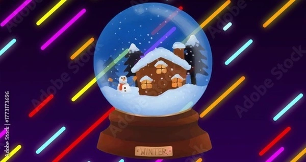 Obraz Glass snow globe showing cabin on WINTER base on purple backdrop, with snowman and neon lines