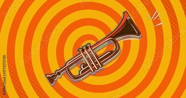 Fototapeta Displaying stylized brass trumpet in pop art graphic design, with halftone rings and accent lines
