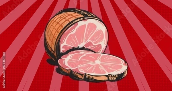 Fototapeta Displaying grapefruit half and slice in pop-art style, featuring bold pink pulp and black outlines