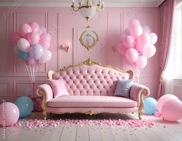 Fototapeta ピンクの風船とロココなソファのある部屋