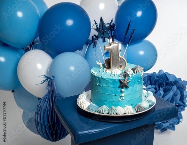 Fototapeta 青いケーキと青い風船