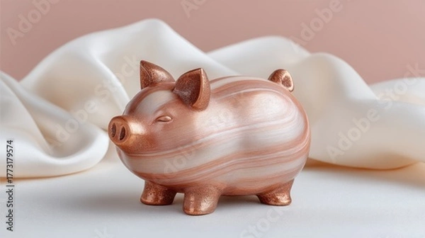 Fototapeta Sparkling Rose Gold Piggy Bank Coin Bank A Cute Animal Figurine With Subtle Stripes And Glitter Accents Rests On A White Surface Amidst Flowing Cream Colored Fabric With A Soft Peach Background