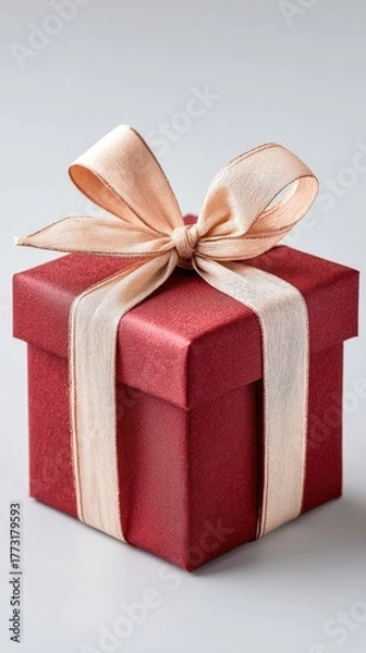 Fototapeta Sparkling Red Gift Box With Golden Ribbon And Bow For Present Occasions On A Neutral Gray Background Studio Shot