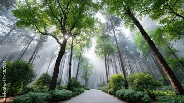 Fototapeta Sunlight Streams Through Green Forest Trees Illuminating a Winding Pathway Bathed in Misty Morning Light Casting Long Shadows on Lush Undergrowth