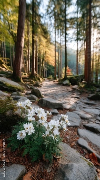 Fototapeta Sunlit Forest Path Lined with Tall Trees and Wildflowers Under Warm Autumn Sunlight