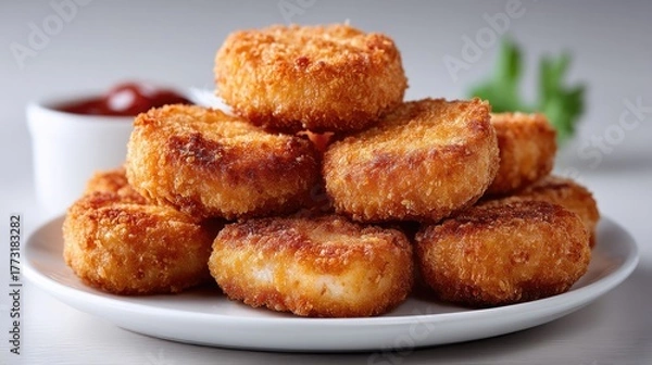 Obraz Golden brown crispy chicken nuggets piled high on a white plate with a small dish of ketchup in the background soft focus studio lighting