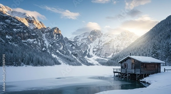 Obraz Picturesque winter landscape featuring a rustic cabin nestled by a serene frozen lake surrounded