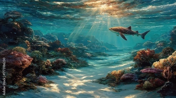 Fototapeta Sunlight filtering through ocean waters illuminates a vibrant coral reef with a shark swimming gracefully above