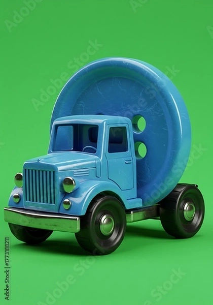 Obraz Conceptual Blue Truck with Oversized Button Wheel for Childlike Wonder