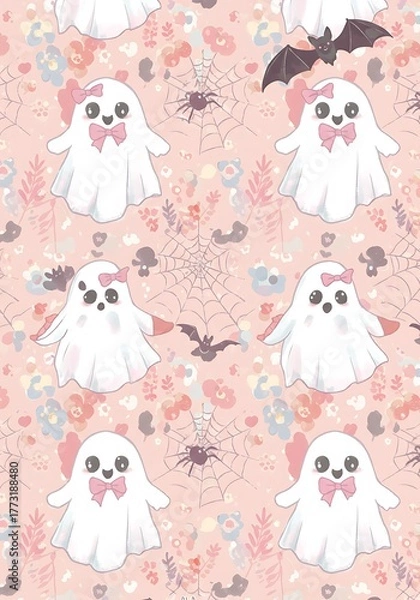 Fototapeta Cute Halloween Ghosts and Spiders Seamless Pattern.