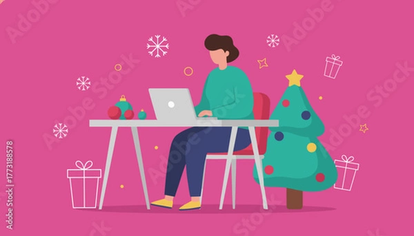 Fototapeta Remote work during Christmas Freelancer using laptop near festive tree and snowflakes