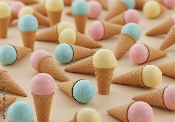 Obraz Delightful assortment of pastel ice cream cones scattered on a smooth surface creating a playful