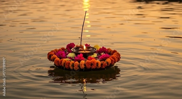 Obraz Floating Diya with Flowers on Water at Sunset.