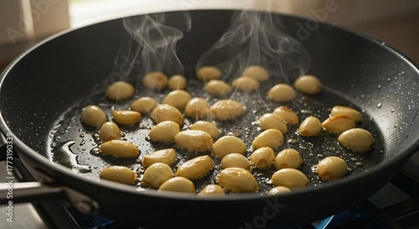 Obraz Garlic Cloves Sizzling in Hot Oil in a Frying Pan.