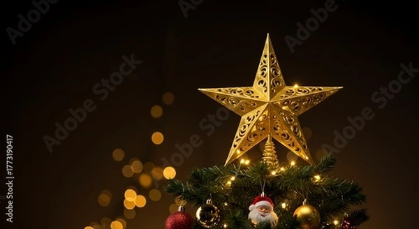Obraz Golden Star Topper on Christmas Tree with Bokeh Lights.